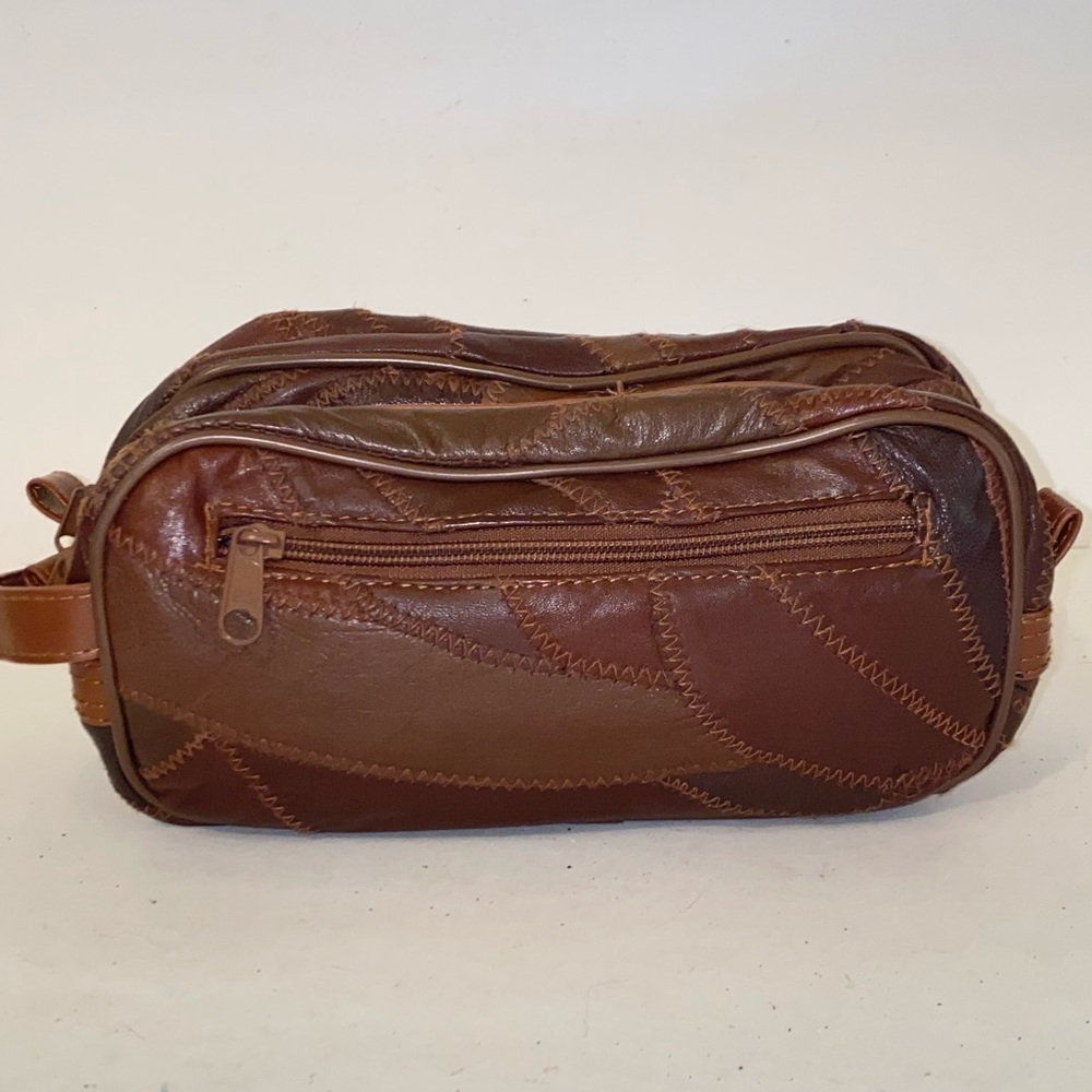 Vintage Brown Patchwork Leather Mens Toiletry Travel Bag